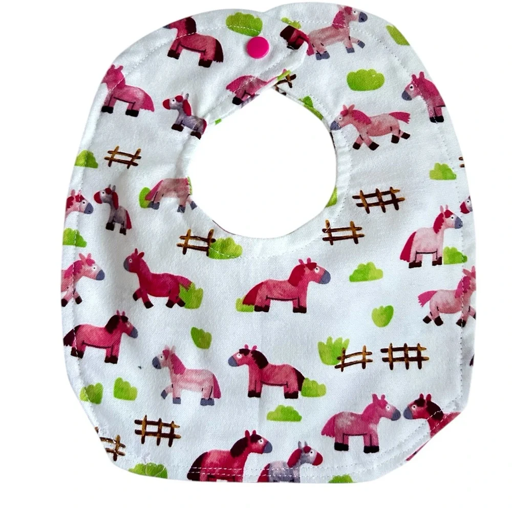 Hand Crafted Newborn Baby Bib and Burp Cloth Gift Set Pink Pony Print